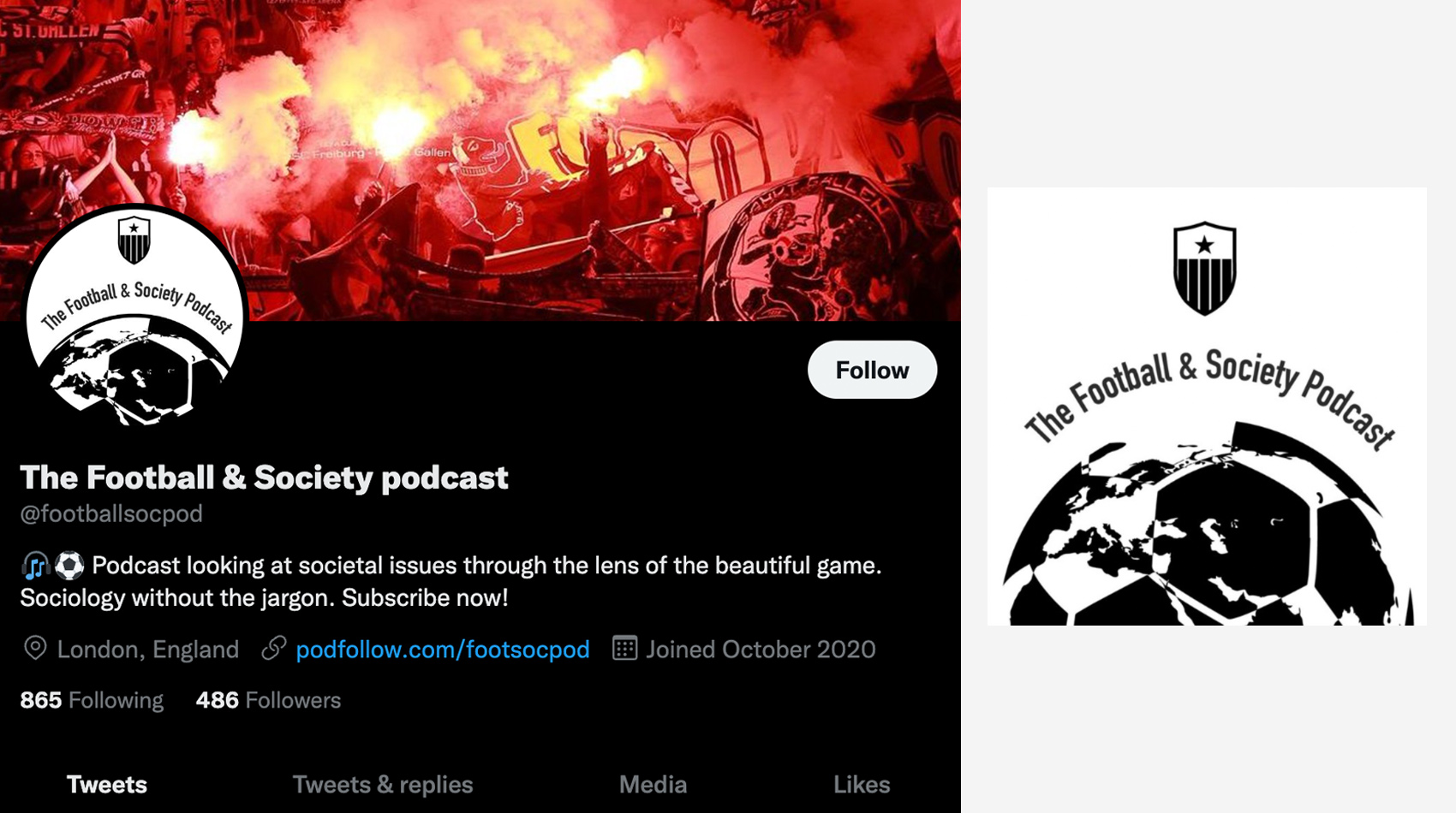 A logo for The football & society podcast with a screenshot of their twitter profile.
