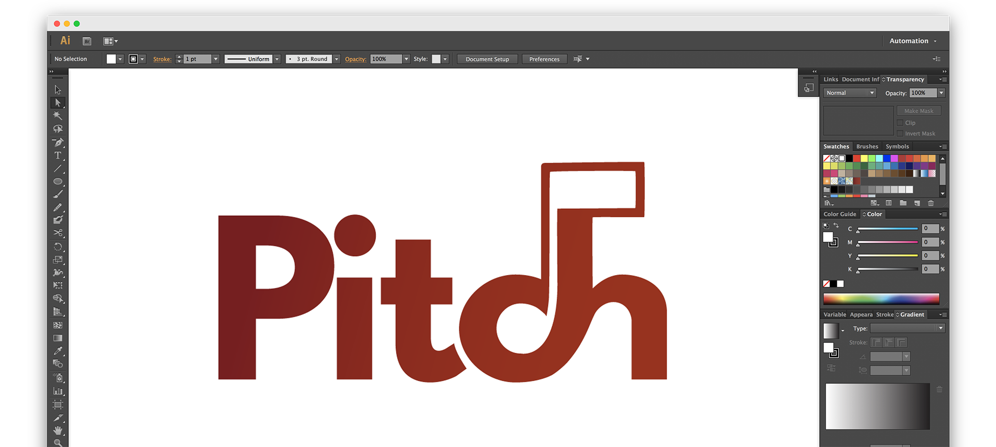 A screenshot of Adobe Illustrator with a logo for a music platform called Pitch.